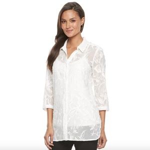 Dana Buchman White Sheer Embroidered Tunic Shirt